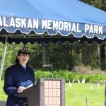 U.S. Coast Guard Rear Adm. Megan Dean delivers the keynote speech during a Memorial Day ceremony at Alaskan Memorial Park on Monday. (Jasz Garrett / Juneau Empire)