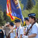Sgt. Jeremiah Helms, Sgt. Wesson Lotz, Airman Vincent Hayes and Airman Bailey Israelson of the Southeast Civil Air Patrol present the color guard during a Memorial Day ceremony at Alaskan Memorial Park on Monday. (Jasz Garrett / Juneau Empire)