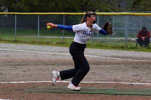 Thunder Mountain High Schools Ashlyn Gates, seen here pitching against Sitka High School during the Region V softball conference tournament last Saturday in Juneau, was named player of the game in an 8-0 win over Delta Junction High School to open the state softball title tournament on Thursday in Fairbanks. (Jasz Garrett / Juneau Empire file photo)