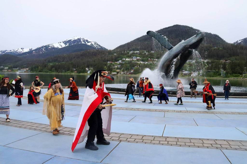 The Yées Ḵu.Oo Dancers perform during the Celebration of Life Walk on Sunday at Bill Overstreet Park. (Mark Sabbatini / Juneau Empire)