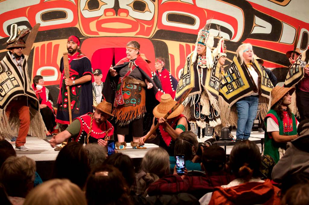Alaska Native dancers gather for a final time on the stage at Centennial Hall for the Grand Exit of Celebration on June 11, 2022. (Mark Sabbatini / Juneau Empire file photo)