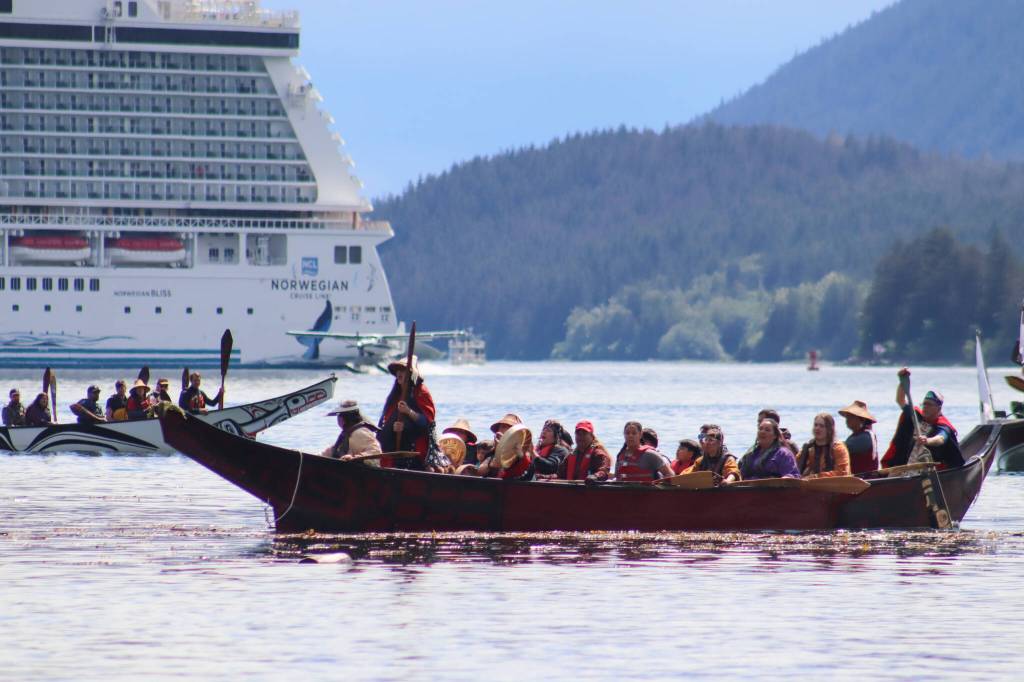 The Cook Inlet Native Head Start program brought two canoes down to Wrangell from Anchorage to join the journey to Celebration. In this picture, CINHS lands in their Xixch dexi (Frog Backbone) canoe on Tuesday. (Jasz Garrett / Juneau Empire)