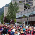 Nearly 1,600 dancers from 36 Indigenous groups wait to dance for the Grand Entrance of Celebration. (Jasz Garrett / Juneau Empire)