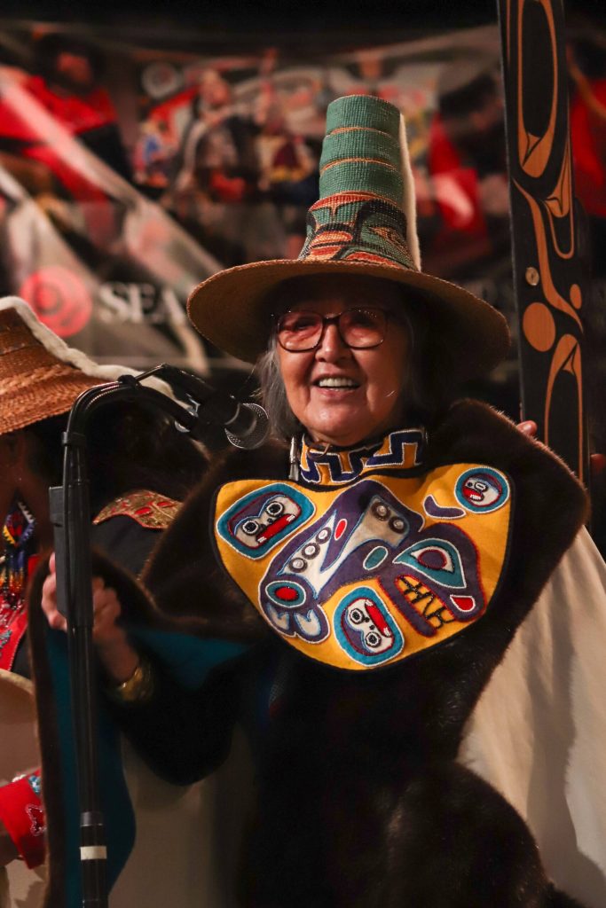 Sealaska Heritage Institute president Rosita Worl smiles while welcoming both dancers and the audience to the start of Celebration. (Jasz Garrett / Juneau Empire)