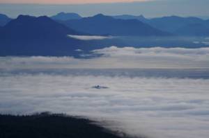 A cruise ship makes its way through early morning fog last summer. The passengers who have been arriving lately have not been experiencing similar tranquility. (Photo by Jeff Lund)