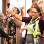Erika Lee leads other singers in a version of Redneck Woman with adapted local lyrics during the closing song of a Neighborhood Cabaret show at the Glory Hall on June 29, 2023. The homeless shelter will host another such show on Monday to kick off the Fourth Annual Alaska Theater Festival. (Mark Sabbatini / Juneau Empire file photo)