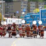 Atx̂am Taliĝisniikangís, also known as the Atka Dancers, ended the Celebration parade on Saturday morning. (Jasz Garrett / Juneau Empire)