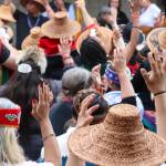 The Woosh.ji.een dancers outside during the Grand Exit of Celebration on Saturday evening. (Jasz Garrett / Juneau Empire)