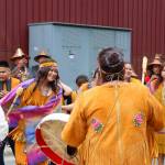 The Selkirk Spirit Dancers dance outside during the Grand Exit on Saturday evening. (Jasz Garrett / Juneau Empire)