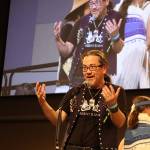 Joe Nelson, board chair of Sealaska Corp., thanks organizers and participants at the end of the Grand Exit ceremony for Celebration at Centennial Hall on Saturday night. (Mark Sabbatini / Juneau Empire)