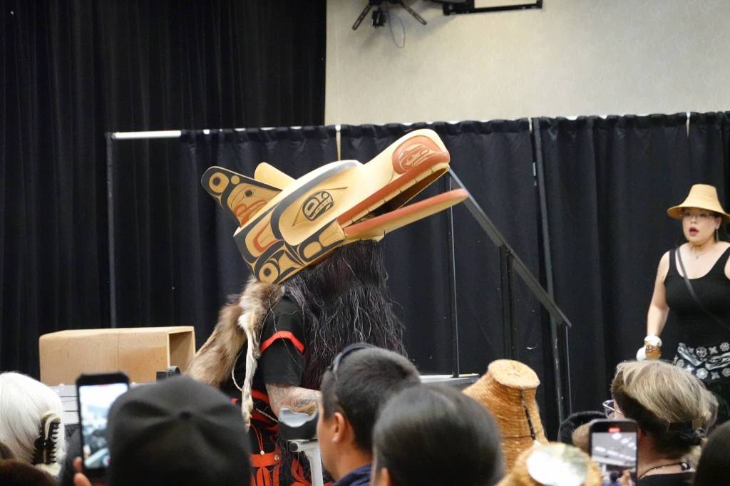 A wolf headdress worn by a member of the Git Hoan dancers during their performance on Saturday at Elizabeth Peratrovich Hall. (Laurie Craig / Juneau Empire)