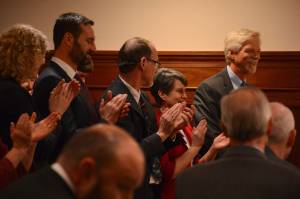 Alaska Supreme Court Justice Peter Maassen receives applause from his fellow justices and members of the Alaska Legislature during the annual State of the Judiciary address on Wednesday, Feb. 1, 2023, at the Alaska State Capitol. (James Brooks/Alaska Beacon)