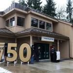 A celebratory sign stands outside Goldbelt Inc.s new building during the Alaska Native Regional Corporations 50th-anniversary celebration on Jan. 4. (Mark Sabbatini / Juneau Empire file photo)