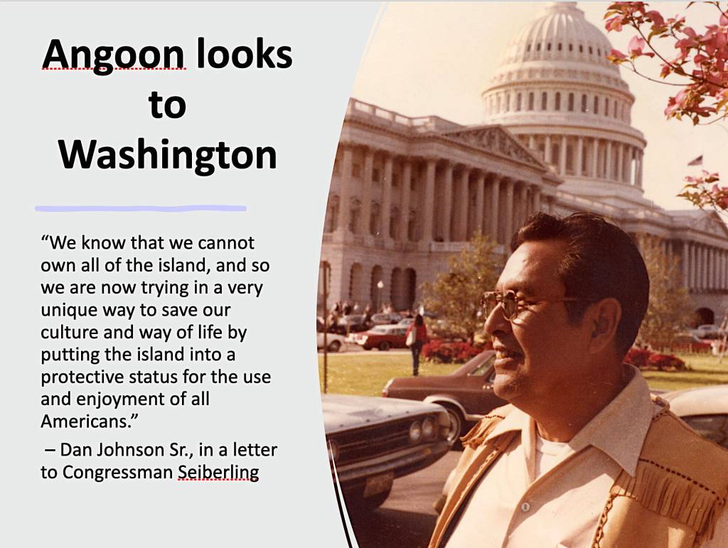 A slide presented as part of the history of the Thayer Creek hydroelectric project quotes Dan Johnson Sr., one of the early directors of Kootznoowoo Inc., in a letter to Congressman John Seiberling advocating for Angoons land protection. (Slide by Peter Metcalfe)