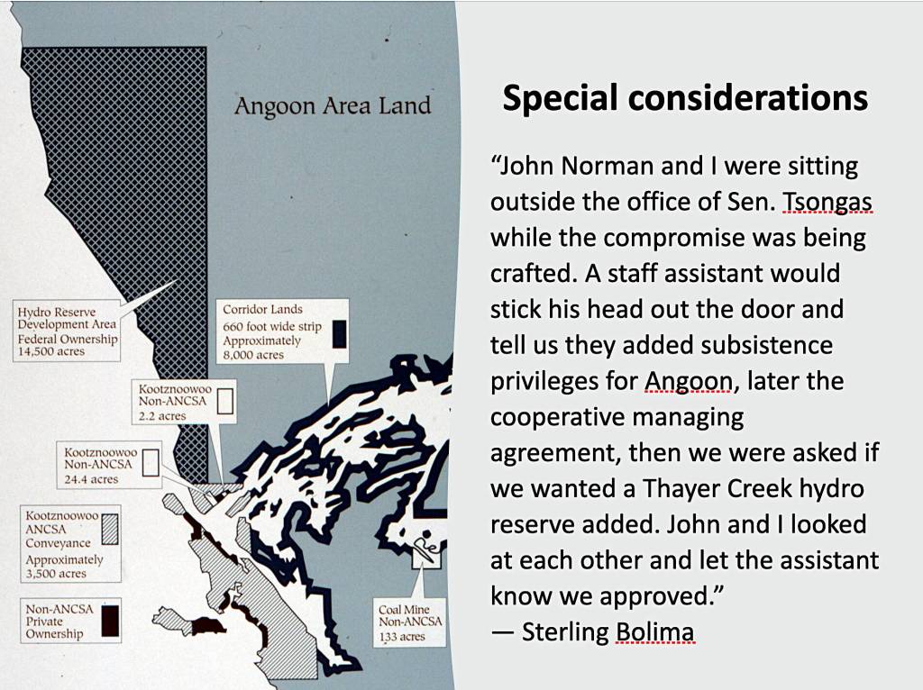 A slide presented as part of the history of the Thayer Creek hydroelectric project shows a map of the area and a description by Sterling Bolima, a lobbyist for Angoon, of negotiations with officials in Washington, D.C., before compromise agreement was reached in 1980. (Slide by Peter Metcalfe)