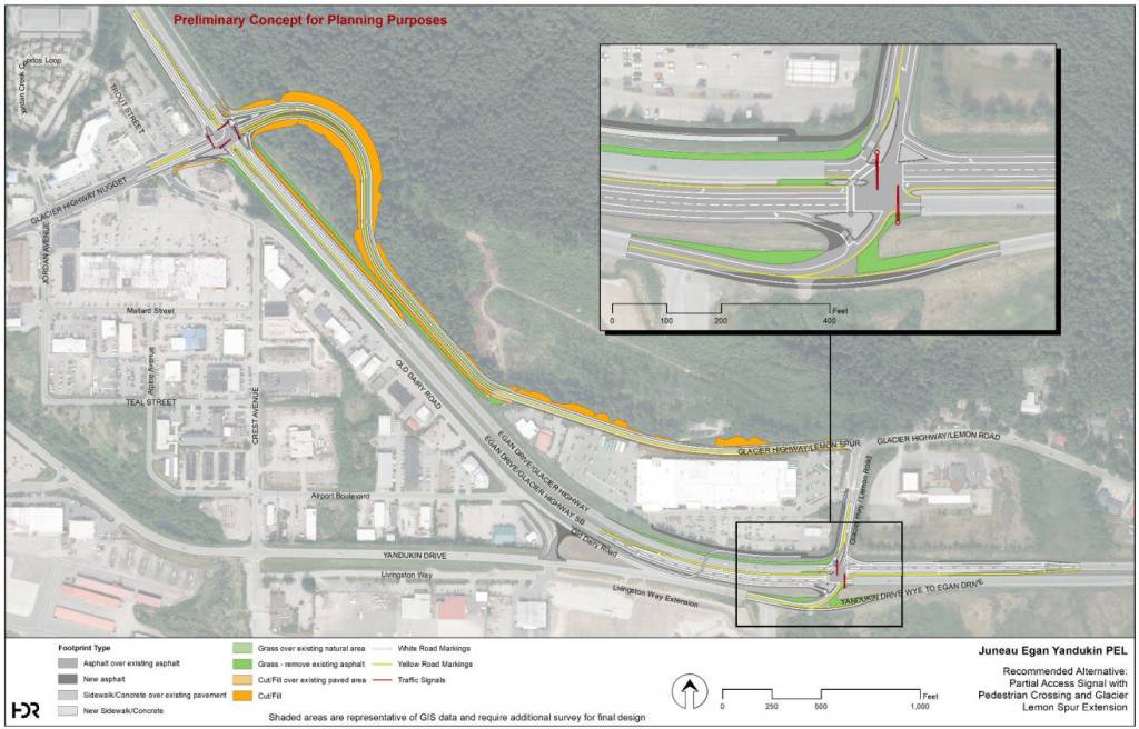 A map shows a recommended alternative of a partial access signal with pedestrian crossing and a Glacier Lemon Spur extension. (Data from Planning and Environmental Linkages Study Report, Egan Drive and Yandukin Drive Intersection Improvements, provided by the Alaska Department of Transportation and Public Facilities)
