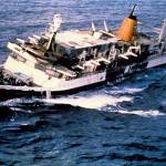 The burning cruise ship Prinsendam 200 miles from Juneau in the Gulf of Alaska in October 1980 after 519 people abandoned ship into lifeboats and were rescued. An oil leak in the engine room started a fire just as Juneau was celebrating its 100th birthday on Oct. 4. (Credit ASL-P313-12-06)