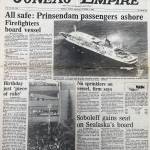 The front page Juneau Empire on Monday, Oct. 6, 1980, featuring Mark Kelleys photo of the smoldering Prinsendam and a story with a photo of a 34-foot tall totem design cake in the atrium of the State Office Building. (Laurie Craig / Juneau Empire)