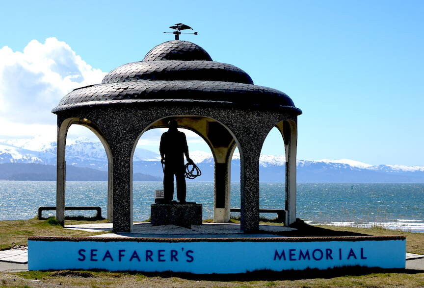 A statue of a fisherman looks out over Kachemak Bay in Homer last month. (Nathaniel Herz/Northern Journal)