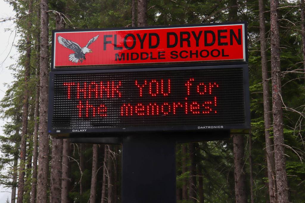 A sign at Floyd Dryden Middle School on Monday commemorates the school being in operation from 1973 to 2024. (Jasz Garrett / Juneau Empire)
