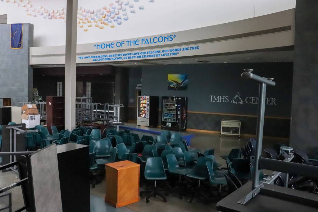 Furniture at Thunder Mountain High School marked as surplus on Monday. (Jasz Garrett / Juneau Empire)