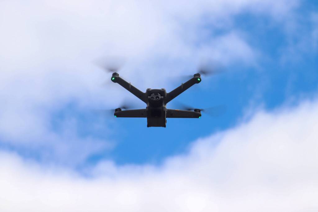 The DJI from dock one flies as part of an Alaska Department of Transportation and Public Facilities drone demo on Tuesday. Its used for mapping missions. (Jasz Garrett / Juneau Empire)