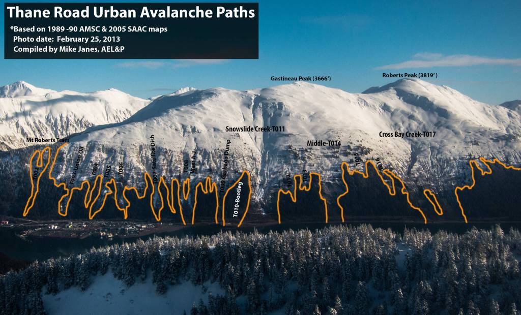 A photo taken on Feb. 25, 2013, visualizes Thane Road Urban Avalanche Paths. (Compiled by Mike Janes, Alaska Electric Light and Power)