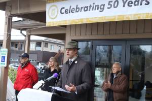 McHugh Pierre, Goldbelts president and CEO, discusses the Alaska Native Regional Corporations operations during its 50th-anniversary celebration at its Vintage Park Campus on Jan. 4. (Mark Sabbatini / Juneau Empire file photo)