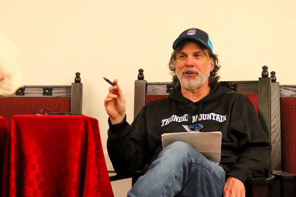 David Noon, Juneau Board of Education member and University of Alaska Southeast Professor of History, leads medieval trivia on Saturday. The winner went home with a sack of potatoes. (Jasz Garrett / Juneau Empire)