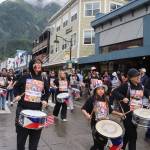Drummers with the Ati-Atihan Juneau Group make their way along Franklin Street during Juneaus annual Fourth of July parade on Thursday morning. (Mark Sabbatini / Juneau Empire)