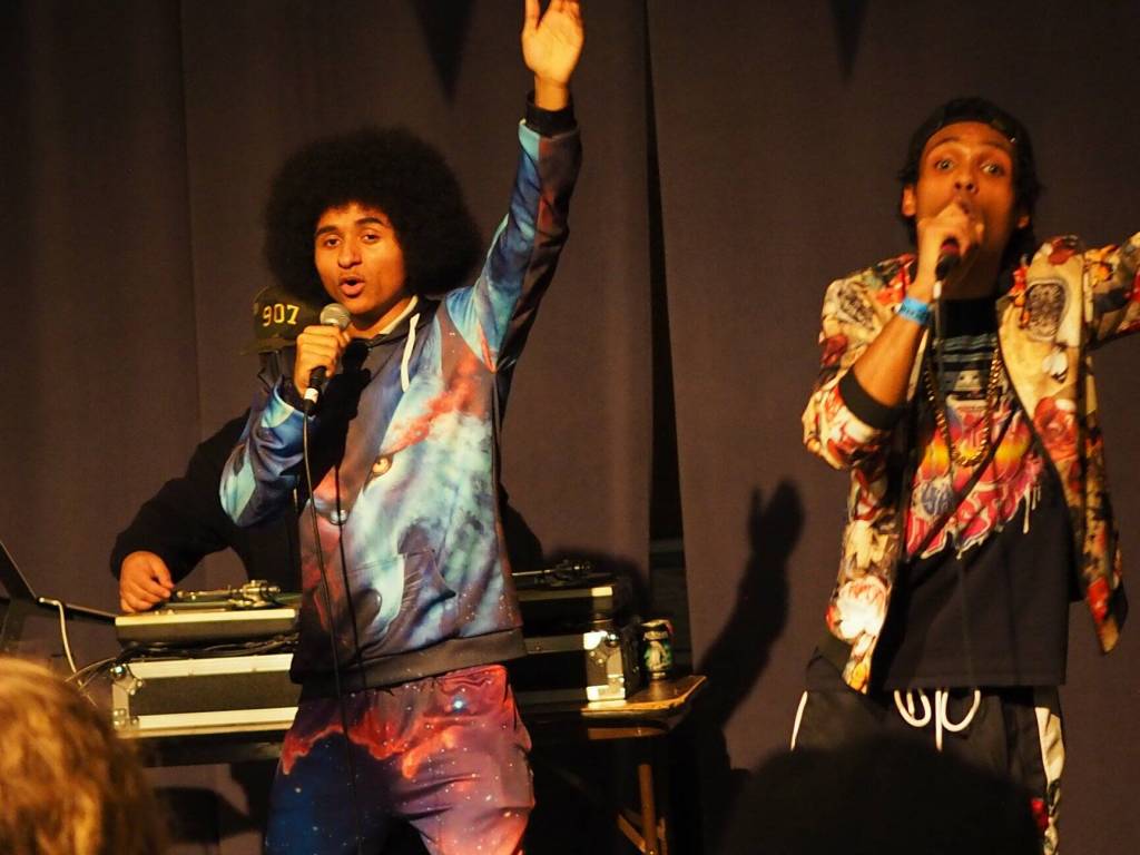 Arias Hoyle and Chris Talley open for Killah Priest at the Juneau Arts and Culture Center in December 2019. (Photo courtesy of Lance Mitchell)
Arias Hoyle and Chris Talley open for Killah Priest at the Juneau Arts and Culture Center in December 2019. (Photo courtesy of Lance Mitchell)