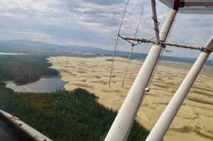 The Nogahabara Dunes spill into a lake 35 miles west of the village of Huslia as seen from the back seat of a Super Cub piloted by Brad Scotton of the U.S. Fish and Wildlife Service based in Galena. (Photo by Ned Rozell)