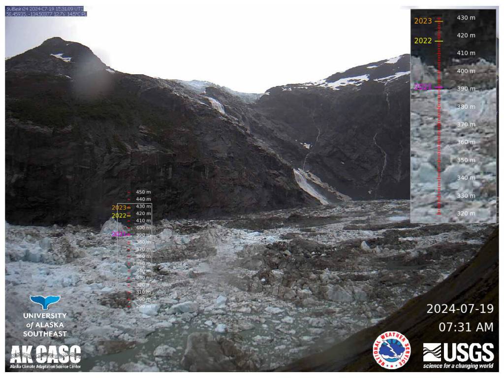A snapshot of a recent image of Suicide Basin, updated at daily to sub-daily intervals. This was taken at 7:31 a.m. on July 19, 2024. The camera is placed at the basin entrance and faces northeast, into the basin. (Photo from National Weather Service Juneau)
