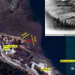 A slide from the Thane Neighborhood Association compares the 1915 tideland on the Sheep Creek delta to the 2024 tideland to illustrate erosion to the shoreline. (Google Maps/Alaska State Library)