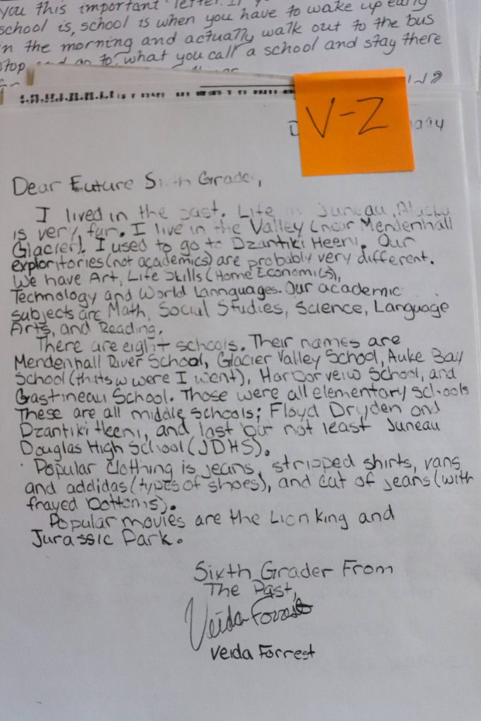A letter from a Juneau student in 1994 explains the different schools in Juneau at the time, popular movies, and popular fashion. Dzantiki Heeni Middle School and Floyd Dryden Middle School have since been combined into Thunder Mountain Middle School. (Jasz Garrett / Juneau Empire)