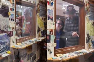 Left: Michael Orelove points out to his grandniece, Violet, items inside the 1994 Juneau Time Capsule at the Hurff Ackerman Saunders Federal Building on Friday, Aug. 9, 2019. Right: Five years later, Jonathon Turlove, Michaels son, does the same with Violet. (Credits: Michael Penn/Juneau Empire file photo; Jasz Garrett/Juneau Empire)