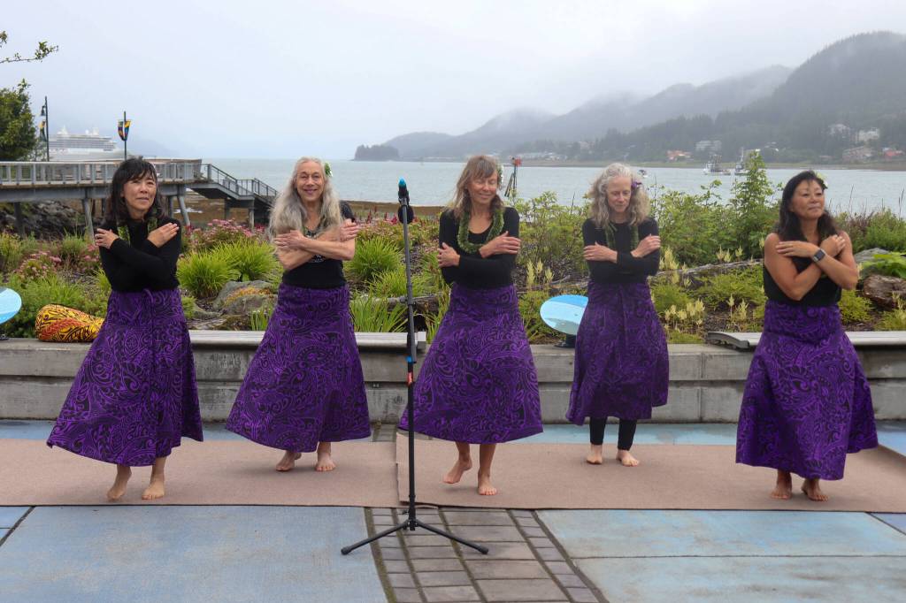 The Hālau Hula O Mānoa dance group performs at the fourth annual Climate Fair for a Cool Planet on Saturday. (Jasz Garrett / Juneau Empire)