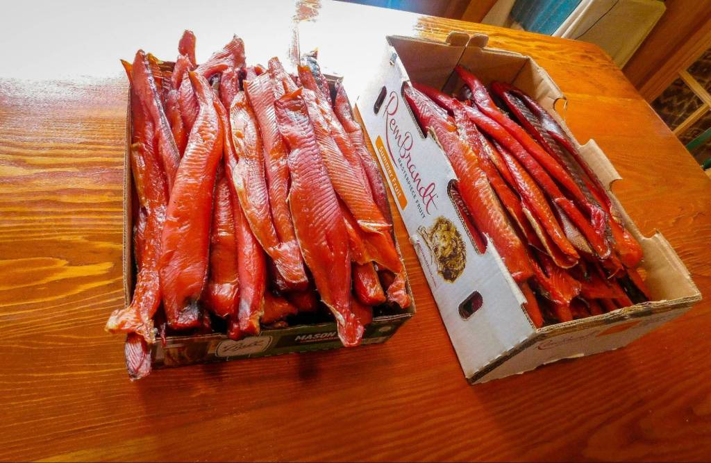 Katrina Aklá Hotchs recent batch of smoked salmon. Food harvested on the land and water is a core source of sustenance that can be complemented by local garden and community agriculture efforts. (Photo by Katrina Aklá Hotch)