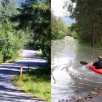 A section of View Drive on Sunday (seen at left) was submerged during record flooding from Suicide Basin on Aug. 5, 2023 (seen at right). A similar level of flooding is officially forecast for the area early Tuesday morning. (Mark Sabbatini / Juneau Empire)