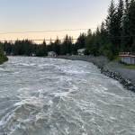 The Mendenhall River approaches major floor status at about 8:30 p.m. Monday evening. (Jasz Garrett / Juneau Empire)