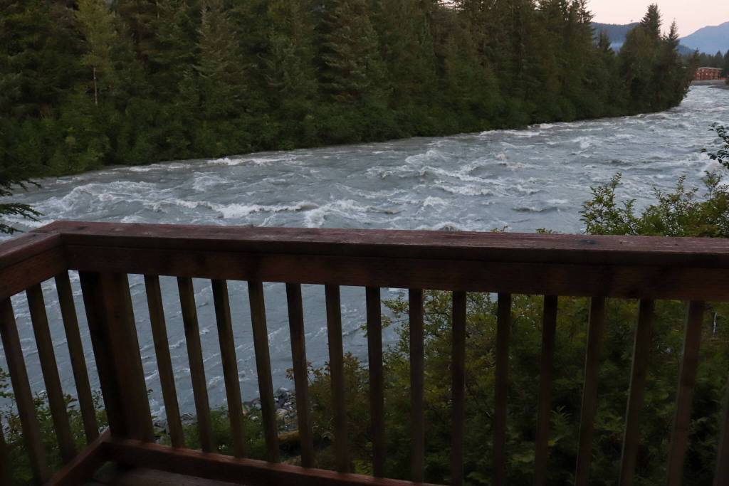 The view from a River Road residence front patio at approximately 9 p.m. Monday. At 9:15 p.m. National Weather Service Juneau stated the Mendenhall River rose into major flood stage with the gage reporting 14.07 feet. (Jasz Garrett / Juneau Empire)