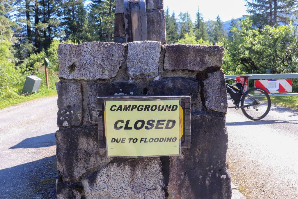 U.S. Forest Service staff closed Skaters Cabin Road and evacuated the Mendenhall Campgrounds Sunday evening following the release of water from Suicide Basin. Signs have been posted around the campground and trails. Foot traffic is still allowed. (Jasz Garrett / Juneau Empire)