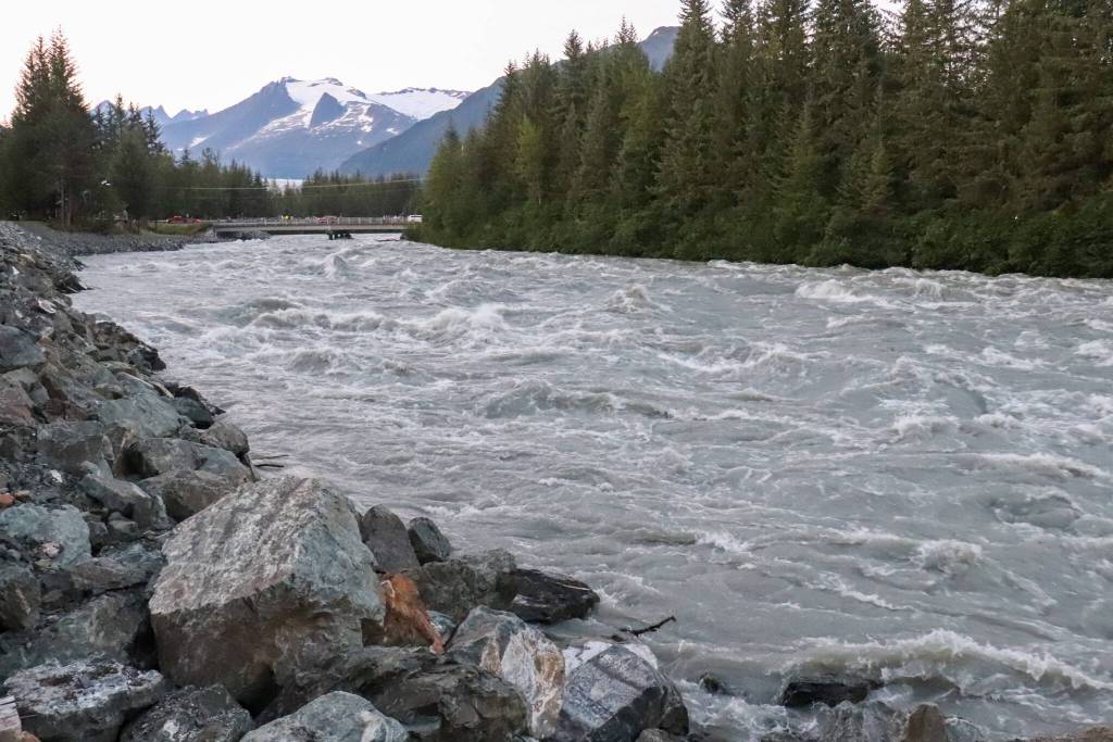 Residents of River Road are expressing their belief the reinforcement of river banks will hold. At 9:15 p.m. National Weather Service Juneau stated the Mendenhall River rose into major flood stage with the gage reporting 14.07 feet. (Jasz Garrett / Juneau Empire)