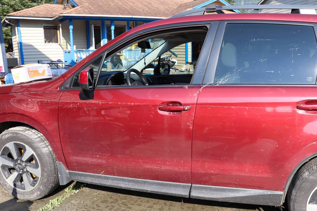A water line is seen on Jessica Nardis car on Emily Way on Tuesday afternoon. (Jasz Garrett / Juneau Empire)