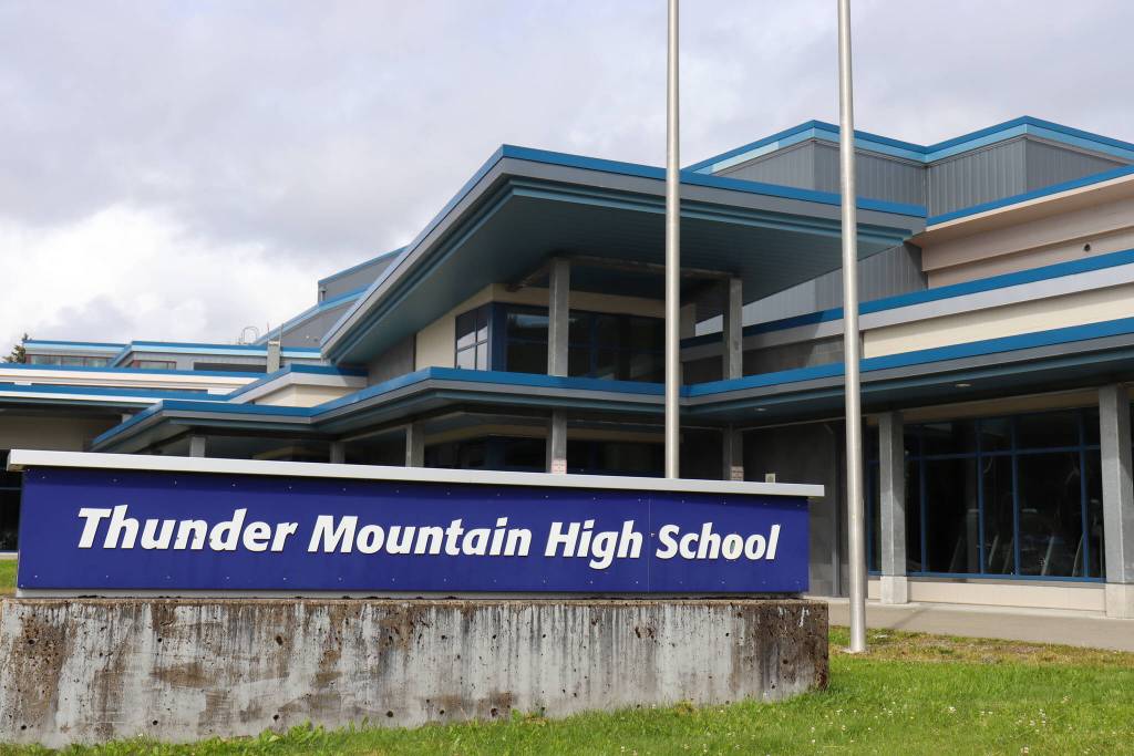 A sign outside Thunder Mountain Middle School still reads Thunder Mountain High School on Monday. (Jasz Garrett / Juneau Empire)