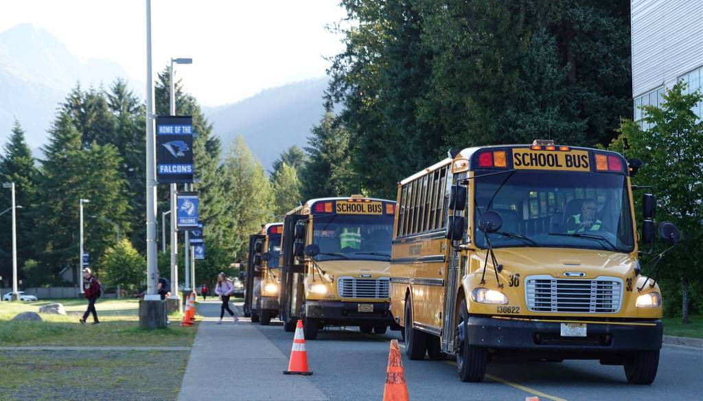 Falcons banners continue to fly as buses drop off students at the newly named Thunder Mountain Middle School on the first day of school Thursday, as the high school students in the building last year have now been consolidated into Juneau-Douglas High School: Yadaa.at Kalé. (Mark Sabbatini / Juneau Empire)