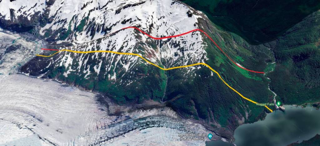 An illustration shows two possible routes for boreholes drilled through Mt. Bullard to allow for drainage that prevents massive flooding from Suicide Basin. (City and Borough of Juneau)