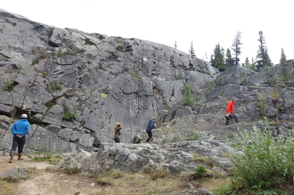 Scientists scale a rock face south of Delta Junction that was scoured bare by floodwaters from the failure of a glacial ice dam hundreds of years ago. (Photo by Ned Rozell)