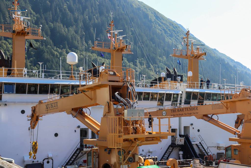 U.S. Coast Guard cutter Kukui, homeported in Sitka, and cutter Elm (The Bar Tender) homeported in Oregon, are seen at Coast Guard Station Juneau on Wednesday. (Jasz Garrett / Juneau Empire)
