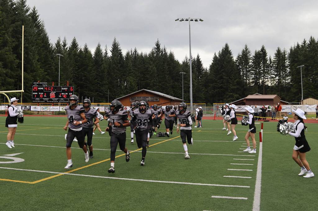 Juneau-Douglas High School: Yadaa.at Kalé players take the field for the second half of Saturdays game against Service High School at Adair-Kennedy Memorial Field. (Mark Sabbatini / Juneau Empire)